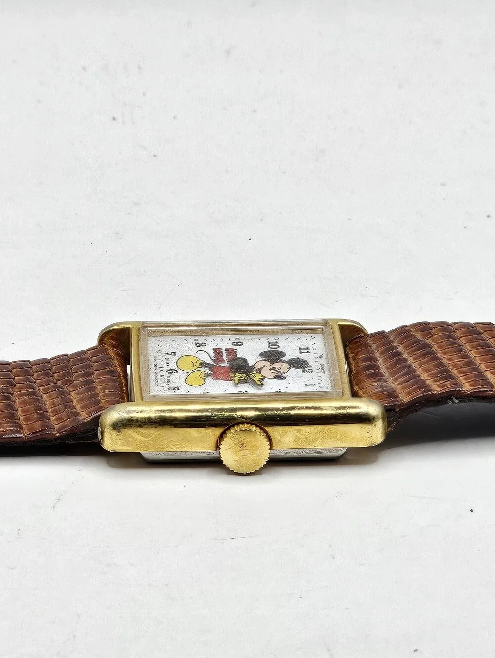 Rare Bradley Mickey Mouse Gold Rectangular 015S Swiss Made Wristwatch Running
